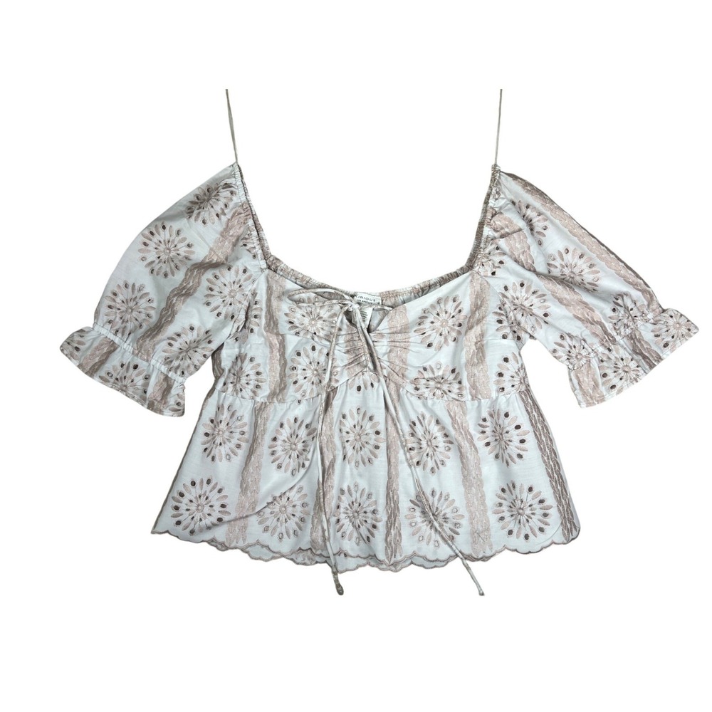 Kirious Los Angeles Women Large White Pink Floral Eyelet Peplum Puff Sleeve Top
